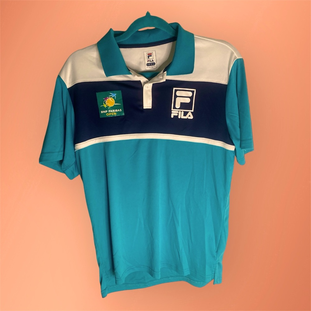 FILA Shirt Men SMALL Blue BNP Paribas Open‎ Tennis Performance Polo Short Sleeve